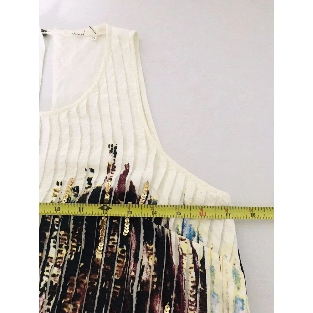 Anthropologie | Floreat Pleated Print Top Size 6 Beige Sequins Sleeveless